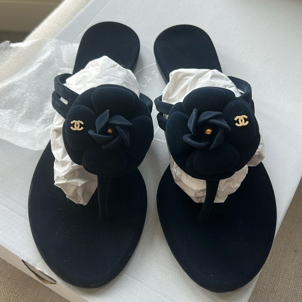 Chanel navy blue velvet sandals